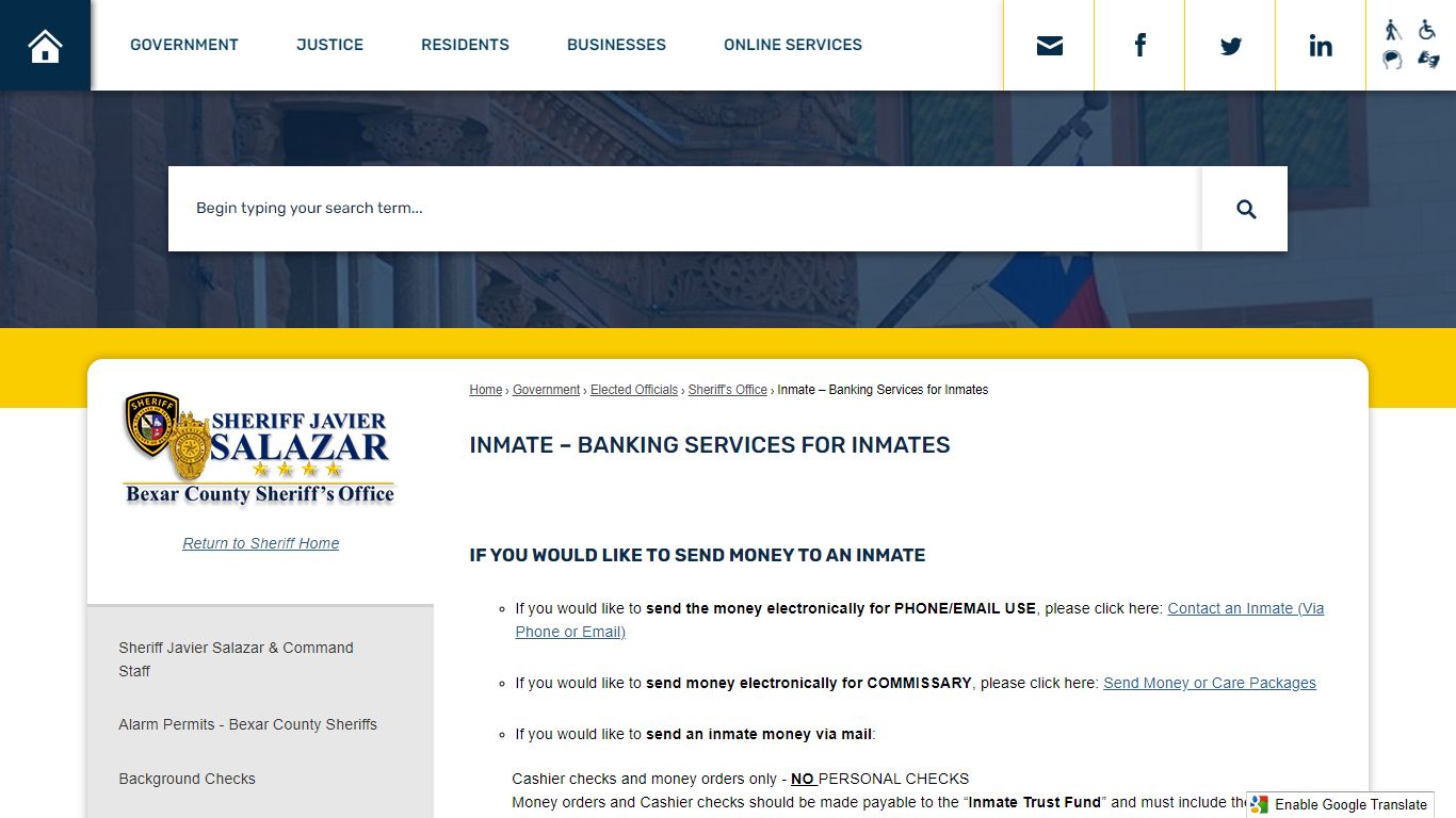 Inmate – Banking Services for Inmates - Bexar County